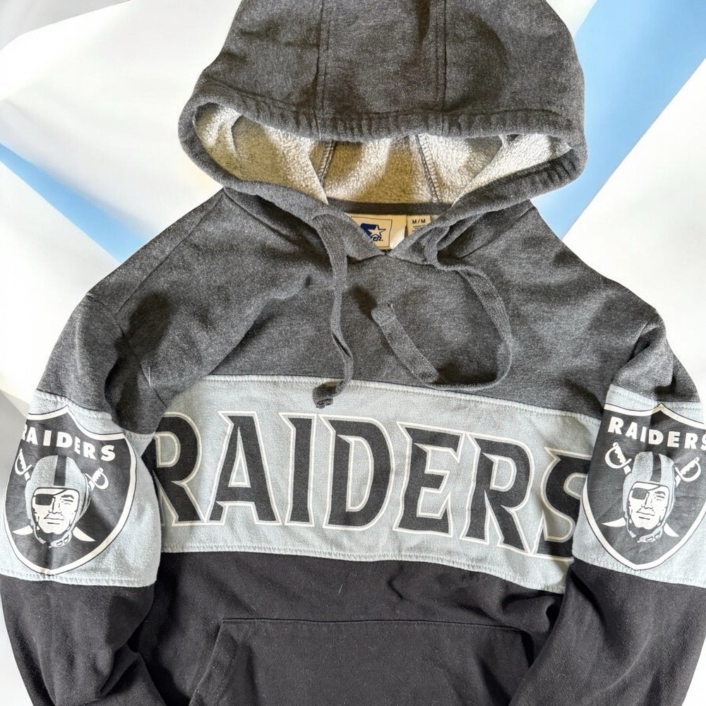 Vintage Starter Raiders Hoodie Mens Medium Black Colorblock Spellout‎ NFL